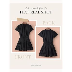 Vestido Mini Casual de Verano para Mujer, Corte A, Fluido, Negro, de Chifón, con Cuello en V y Mangas Cortas con Volantes - Product Image 4