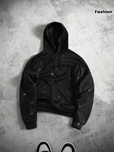 Sudadera con capucha extragrande de alta calidad con gráfico de rayo de diamantes de imitación negros, forro polar grueso, estilo casual urbano para hombre - Product Image 2