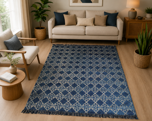 Alfombra de algodón estampada en índigo hecha a mano con flecos |   Alfombra con Estampado de Jaipur para Sala de Estar, Dormitorio, Decoración del Hogar - Product Image 1