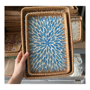 Handmade Decorative Rattan <b>Tray</b> With Mother Of Pearl For Fruit Bread <b>Snacks</b> And Stylish Home Interior Display - Product Image 2