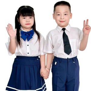 Camisa de Uniforme Escolar Primaria Unisex FMF Vietnam, 65% Poliéster, 35% Algodón TC, para Niños, Blanca con Botones Azul Marino - Product Image 1