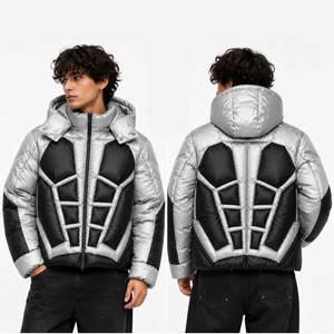 Custom Silver and Black Finished Streetwear Hooded Puffer <b>Jacket</b> with Zip Front Design for Unisex <b>Winter</b> Wear - Product Image 3