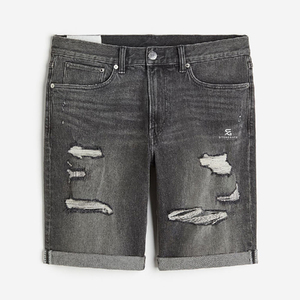 Shorts en jean délavé pour homme, taille haute, en denim de coton, style Bermuda, avec braguette boutonnée et poches, décontracté, streetwear, été 2026 - Product Image 1