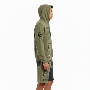 Urban Grid Hoodie Shorts <b>Set</b> Men's Street Style Cotton French Terry Printed Two-Tone Olive Black Autumn Wear - Product Image 5