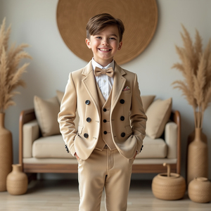 Boys Beige Double Breasted 3 Piece Suit | <b>Kids</b> Wedding Suit | <b>Ring</b> Bearer Formal Tuxedo Set | Custom Made - Product Image 2