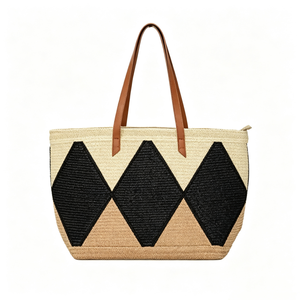 Customized Black diamond patchwork woven tote <b>bag</b>, geometric rhombus straw‑style shoulder shopper, multi‑tone woven <b>basket</b> tote - Product Image 1
