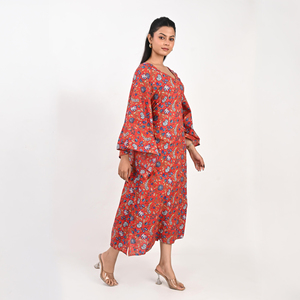 Robe longue élégante en coton à fleurs, col en V, coupe ample, manches larges, tissu respirant, tenue décontractée quotidienne pour femmes - Product Image 2