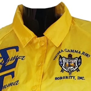Yellow Womens Varsity Jacket Royal Blue Greek Letter Snap Button Front Blue White Striped <b>Long</b> Sleeve Collegiate Outerwear <b>Coats</b> - Product Image 6