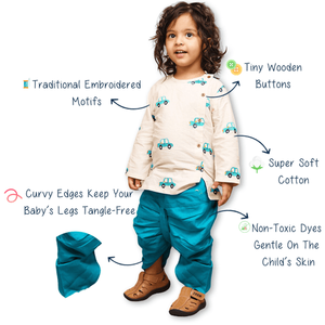 Ensemble traditionnel ethnique pour garçons : Kurta en coton à imprimé voiture et pantalon Dhoti vert sarcelle – Tenue confortable et festive pour tout-petits - Product Image 4