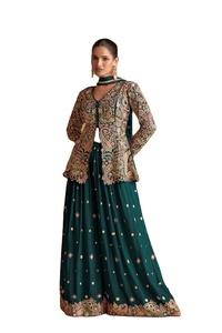 Lehenga Choli Verde Tradicional de Diseñador RN, Última Moda, Cosido, para Novia, Boda, Fiesta, Chinon, Corte Ajustado, Reversible, Protección Solar - Product Image 2