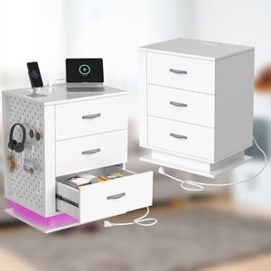 Comodino Bianco con 3 Cassetti, Luce LED RGB, Stazione di Ricarica e Porte USB - Product Image 2