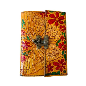 Diario de Cuero con Grabado de Mariposas, Libro Vintage Colorido, Papel Genuino con Borde Rústico, Clásico, Religioso, Hecho a Mano, 7x5 - Product Image 1