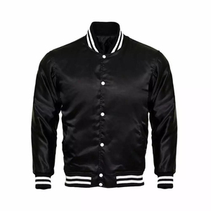 Custom Satin <b>Baseball</b> <b>Jacket</b> <b>Men</b> Black Varsity Bomber <b>Jacket</b> Ribbed Collar Cuffs and Hem - Product Image 1