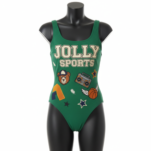 Traje de Baño Premium para Mujer, 240 GSM, Poliéster y Spandex, Verde Oscuro con Parche Gráfico, Traje de Baño de Una Pieza - Product Image 4