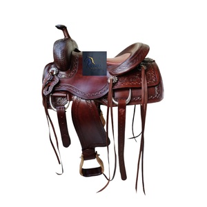 Western Dark Brown Leather Barrel Horse Saddle Floral Hand Tooled Padded Seat Latigo Straps Tack Set 10"-18" Inch LLT - Product Image 1