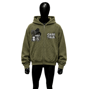 เสื้อฮู้ดซิปโอเวอร์ไซส์สีเขียวมะกอกสำหรับผู้ชาย ทรงปกติ ผ้าฝ้ายเฟรนช์เทอร์รี่ สวมใส่สบายๆ ในฤดูใบไม้ร่วง สไตล์โมเดิร์นสตรีท - Product Image 1