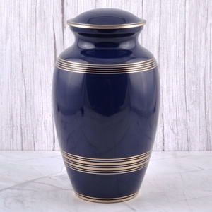Urne funéraire pour adulte en laiton rayé bleu et or, surface brillante, pour cendres humaines, urne commémorative et funéraire. - Product Image 1