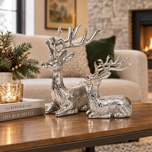 Ensemble de 2 statues de cerfs en métal argenté, finition antique, décoration de table de Noël, figurines d'animaux, décoration de la maison, accessoires de vacances d'hiver - Product Image 2