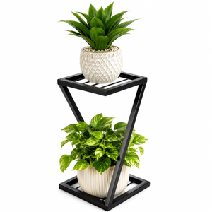Étagère à plantes en fer noir à 2 niveaux avec étagères à lattes carrées, support moderne à double niveau pour pots de fleurs pour la maison, le balcon, la terrasse - Product Image 1