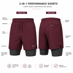 2-In-1 Double <b>Layer</b> Eco-Friendly Waterproof Men's Gym Running Bermuda Shorts Side Pockets Drawstring Waist Elastic Waistband - Product Image 4