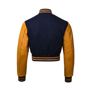 Blouson universitaire court pour femme, manches en cuir véritable, bleu marine, couleur moutarde, col boutonné uni, automne, longueur normale, coton - Product Image 5