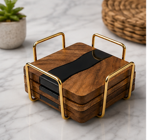 Modern <b>Square</b> Wooden Mats & Pads <b>Set</b> with Gold Frame Non-Slip Design for Home Kitchen Table - Product Image 2