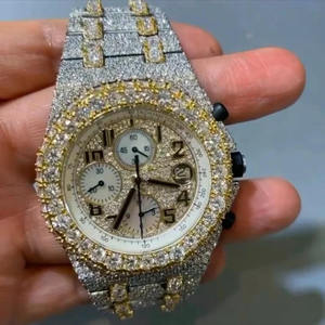 Montre de luxe en quartz Moissanite de laboratoire. Bracelet personnalisé en acier inoxydable antique 22 mm, cadran 46 mm, chronographe Hip-Hop pour homme, avec affichage jour/date - Product Image 1