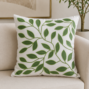 Square Embroidered Leaf Pattern Cushion <b>Cover</b> Nordic Style Home Decor 100% Cotton <b>White</b> Green Plant Design - Product Image 1