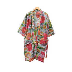 Bata Kimono de Algodón con Estampado Floral Gris para Mujer, Cuello en V, Manga Larga, Ropa de Estar por Casa, Bata de Baño con Cinturón Ajustable y Bolsillos - Product Image 1