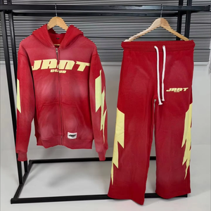 JADT Unisex Red Full <b>Zip</b> <b>Hooded</b> Tracksuit Cotton Streetwear Autumn Regular Fit Letter Print Side Pockets - Product Image 1