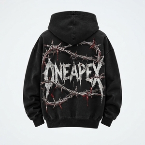 Sweat-shirt à capuche noir pour homme, imprimé fil barbelé, coupe oversize, streetwear ONEAPEX, vente en gros personnalisée - Product Image 4