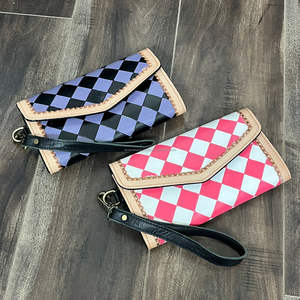 Portefeuille long en cuir à carreaux rose tendance, en cuir véritable, blocage RFID, organisateur de cartes de crédit pour femmes, pochette à poignet - Product Image 4