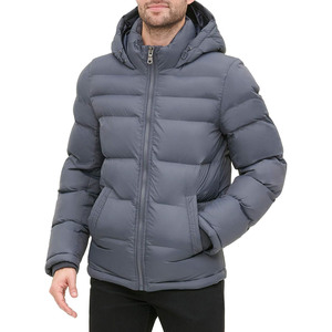 Chaqueta Acolchada con Capucha para Hombre, Color Gris, Cierre de Cremallera, Resistente al Viento, Ropa de Invierno Informal, Corte Regular, Relleno Grueso de Poliéster - Product Image 1