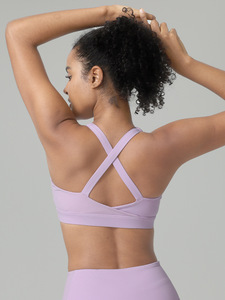 Soutien-gorge de sport dos nageur violet pour femme, col ras du cou, maintien moyen, yoga, sans couture, texturé, respirant, en Spandex et Polyester - Product Image 6