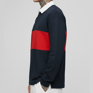 เสื้อโปโลแขนยาวผู้ชายสีบล็อก OEM ผ้าฝ้าย 100% ทรงหลวม สกรีนโลโก้พิมพ์นูน 3 มิติ แบบกำหนดเองสำหรับผู้ชาย - Product Image 5