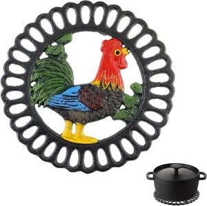 Socle en fonte avec motif de coq coloré, dessous de plat décoratif pour comptoir de cuisine et casseroles, dessous de plat ronds décoratifs en métal - Product Image 1