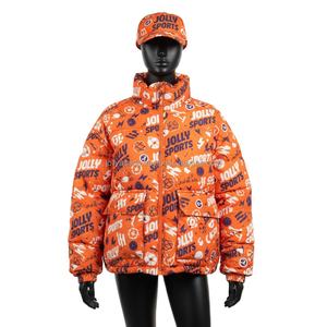 แจ็กเก็ตขนปลาปักเป้าโพลีเอสเตอร์ของผู้หญิงแจ็กเก็ตขนเป็ดผ้าโพลีเอสเตอร์พิมพ์ลายสองดิจิตอลจีเอสเอ็มเสื้อโค้นเทอร์250สำหรับฤดูหนาวสีส้มพิมพ์ซับลิเมชันสำหรับผู้หญิง - Product Image 1