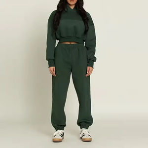 Women's Dark Green Cropped Hoodie Jogger Pants 2 Piece Eco-friendly Breathable 100% Cotton Tracksuit Set Casual Fleece <b>Sweat</b> - Product Image 1