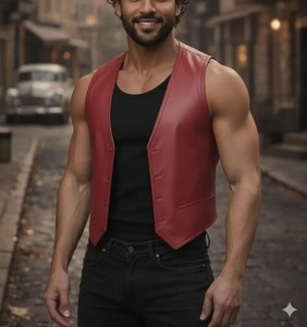 Chaleco de Cuero Rojo para Hombre, Estilo Motero sin Mangas, Moda Urbana Moderna, Regalo para Él - Product Image 3