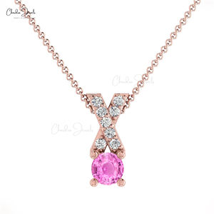 Colgante Cruzado de Oro Sólido de 14K con Zafiro Rosa de Corte Redondo de 5mm y Diamantes, Venta al Por Mayor, Personalizable, Vendedor Verificado - Product Image 3