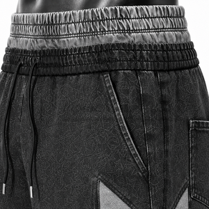 Shorts en jean cargo noirs pour hommes, coupe ample, longueur genou, avec détails de panneaux contrastants, taille élastique et cordon de serrage, style streetwear - Product Image 6