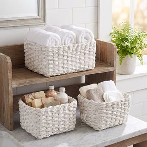 Natural Rattan <b>Rectangle</b> <b>Storage</b> <b>Baskets</b> Set 3 Eco-Friendly Multi-Purpose Home <b>Storage</b> Nestable Bathroom Vanity Closet Organizer - Product Image 3