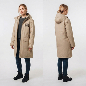 Veste longue imperméable à capuche pour femme en nylon et polyester, coupe-vent, idéale pour la randonnée, avec fermeture éclair et boutons - Product Image 1