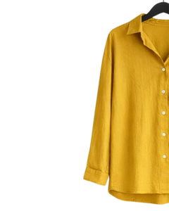 Ensemble deux pièces en lin jaune moutarde pour femme, chemise à manches longues boutonnée et pantalon large à taille élastique, tenue décontractée - Product Image 3