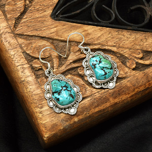925 Sterling Silver Natural <b>Turquoise</b> Dangle <b>Earrings</b> Handmade Blue Stone Vintage Gemstone Jewelry Wholesale Supplier - Product Image 2
