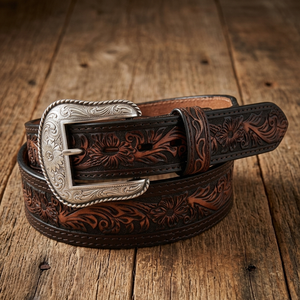 High Quality Handmade Floral Engraved Men Women Brown Western <b>Leather</b> <b>Tooling</b> Belt for Jeans or Pants Custom sizes available - Product Image 6