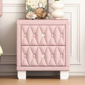 Elegante Comodino in Velluto Rosa con 2 Cassetti e Maniglia in Cristallo, Tavolino da Notte Trapuntato con Vano Portaoggetti - Product Image 2