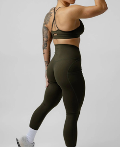 Women's Olive Green Yoga Set High Waist Leggings Crop Top Spaghetti Strap Ruched Seamless 2 Piece Solid Pattern Full Length 220g - Product Image 2
