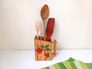 Porte-ustensiles de cuisine en bois vintage peint à la main, décoration rustique pour la maison - Product Image 1