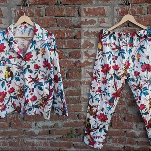 New Arrival Adult Indian Cotton <b>Pyjamas</b> Breathable and Comfortable Bird Print Night Wear <b>for</b> All Seasons - Product Image 1
